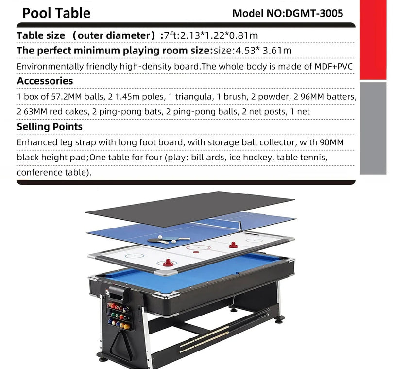 4 in 1 DGMT-3005 7ft Blue Pool Table Billiard + Air Hockey + Tennis Table (Used)