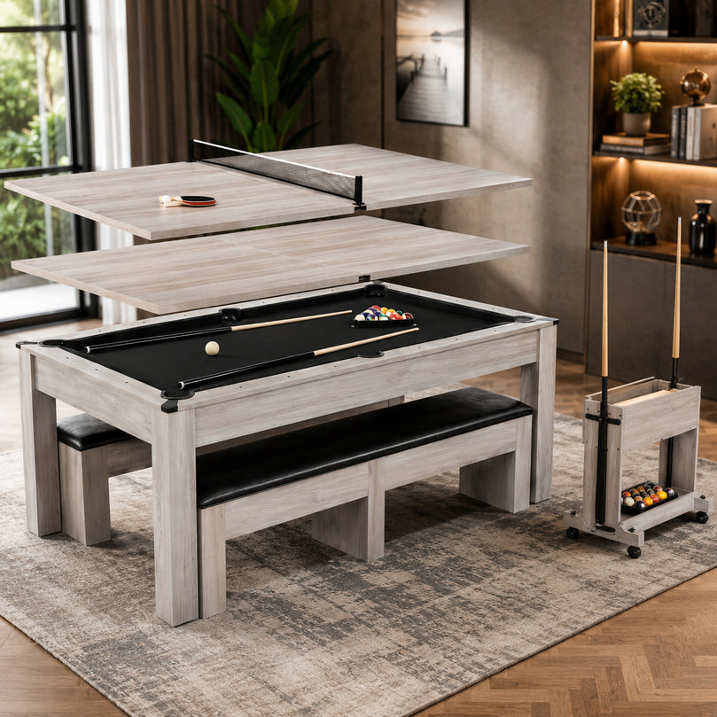 7FT Drop Pocket Pool Table, 3-in-1 Dining Top & Table Tennis with Game Accessories