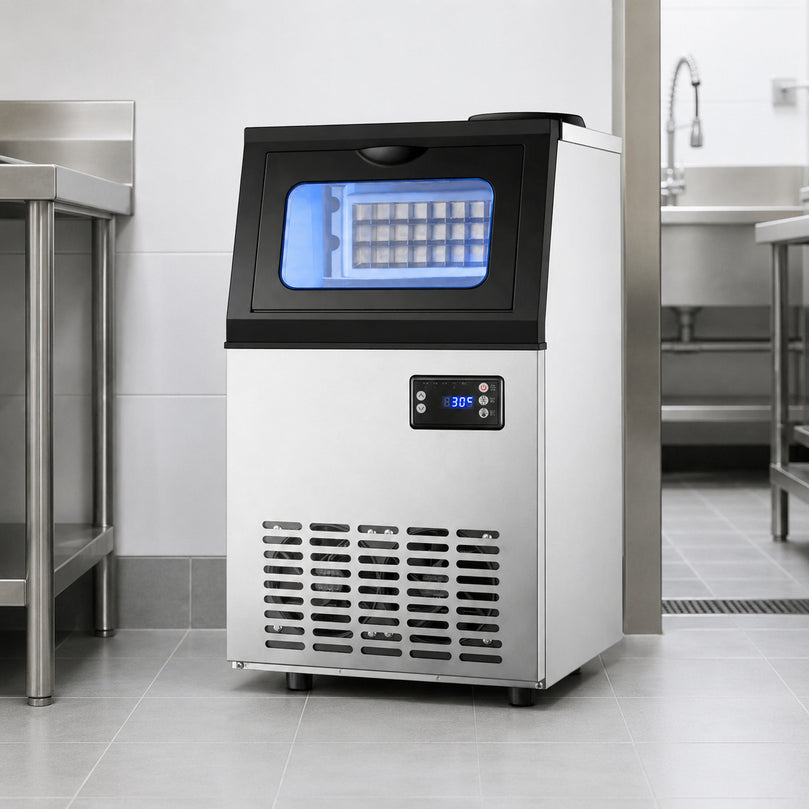 Bottled Water or Tap Water Ice Maker Machine, 40-50kg in 24H Stainless Steel Under Counter ice Machine with 17.6lbs Ice Storage Capacity, Freestanding Ice Maker.