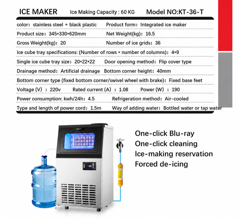 Bottled Water or Tap Water Ice Maker Machine, 40-50kg in 24H Stainless Steel Under Counter ice Machine with 17.6lbs Ice Storage Capacity, Freestanding Ice Maker.