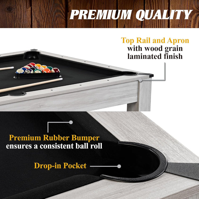 7FT Drop Pocket Pool Table, 3-in-1 Dining Top & Table Tennis with Game Accessories