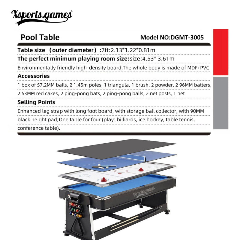 4 in 1 DGMT-3005 7ft Blue Pool Table Billiard + Air Hockey + Tennis Table