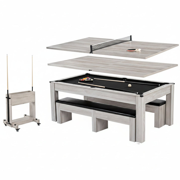 7FT Drop Pocket Pool Table, 3-in-1 Dining Top & Table Tennis with Game Accessories