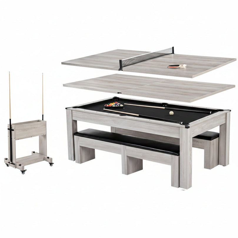 7FT Drop Pocket Pool Table, 3-in-1 Dining Top & Table Tennis with Game Accessories